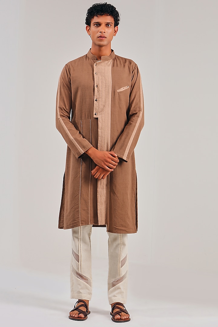 Brown Cotton Linen Color Blocked Kurta by Shreyansh Designs