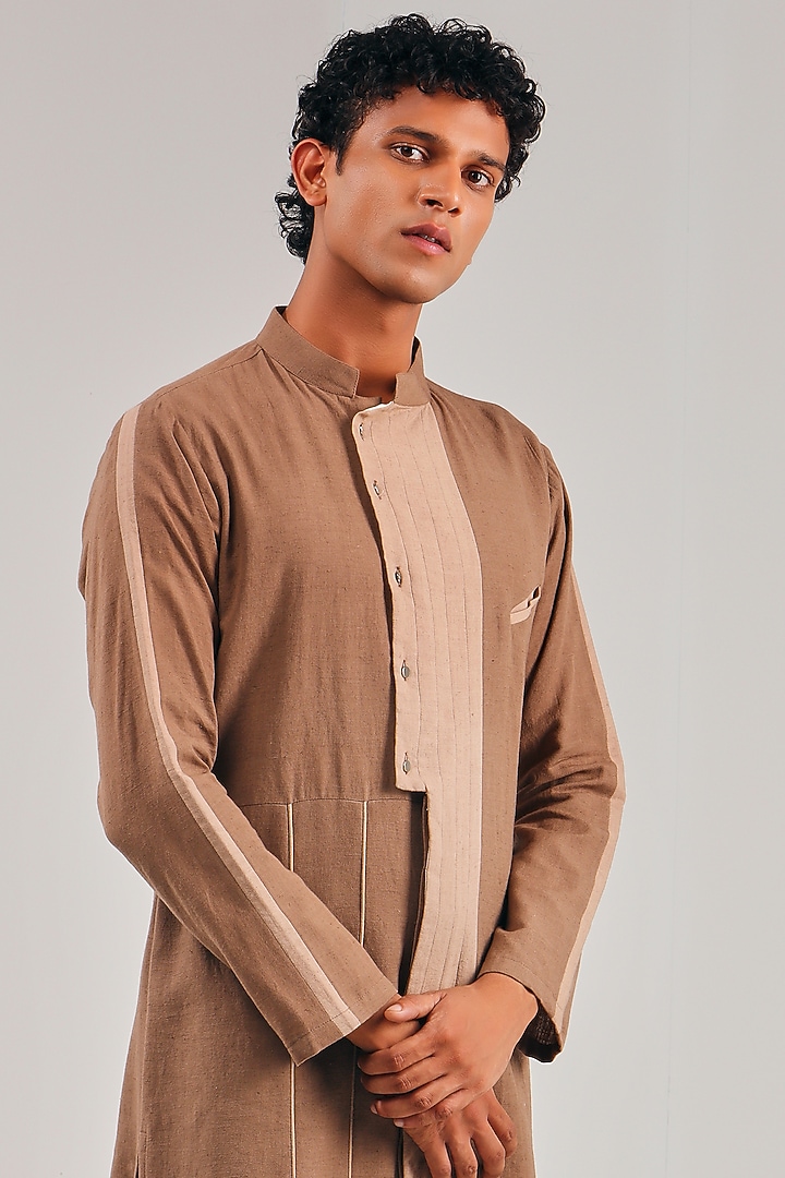 Brown Cotton Linen Asymmetric Kurta by Shreyansh Designs at Pernia's Pop Up Shop