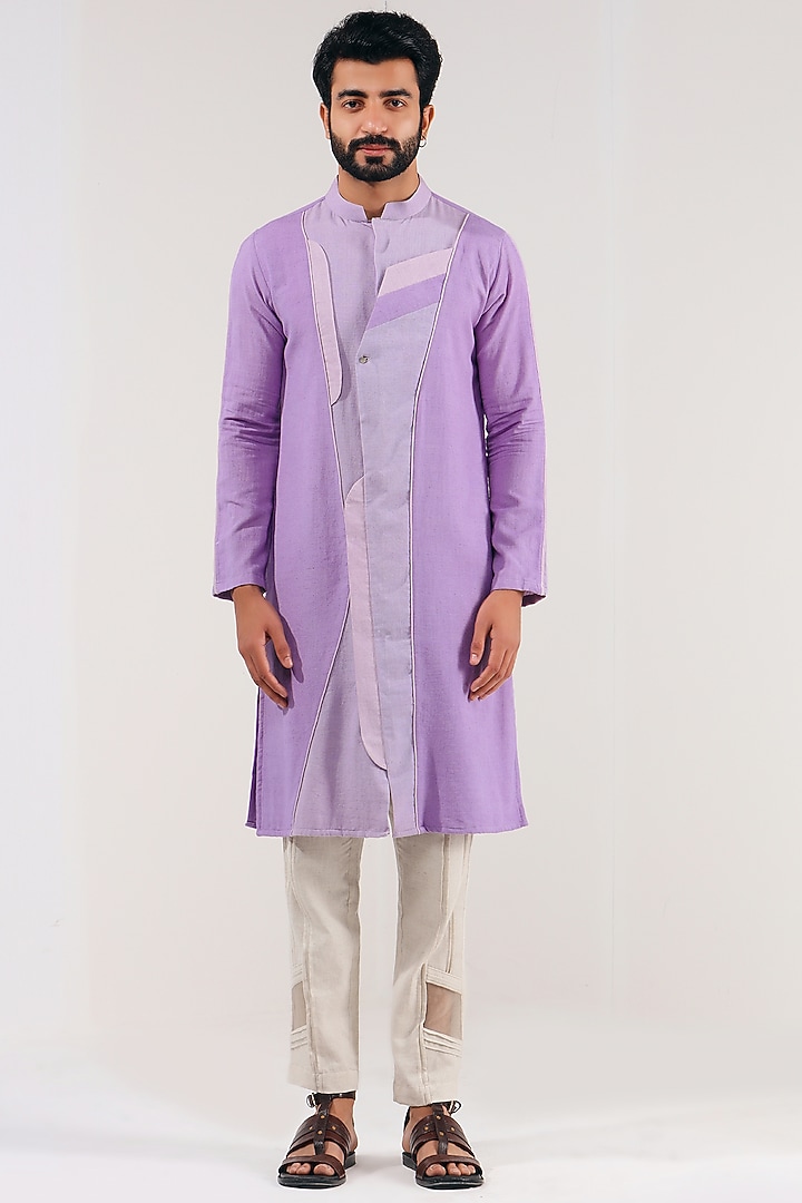 Lavender Cotton Linen Color Blocked Kurta by Shreyansh Designs at Pernia's Pop Up Shop