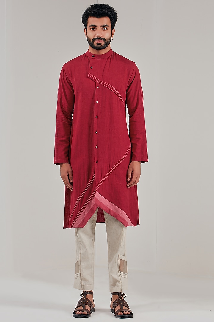 Red Cotton Linen Asymmetrical Kurta by Shreyansh Designs