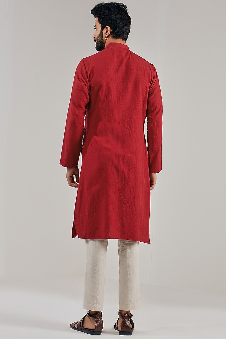 Red Cotton Linen Asymmetrical Kurta by Shreyansh Designs at Pernia's Pop Up Shop
