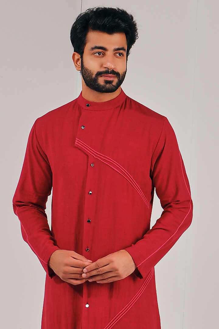 Red Cotton Linen Asymmetrical Kurta by Shreyansh Designs at Pernia's Pop Up Shop
