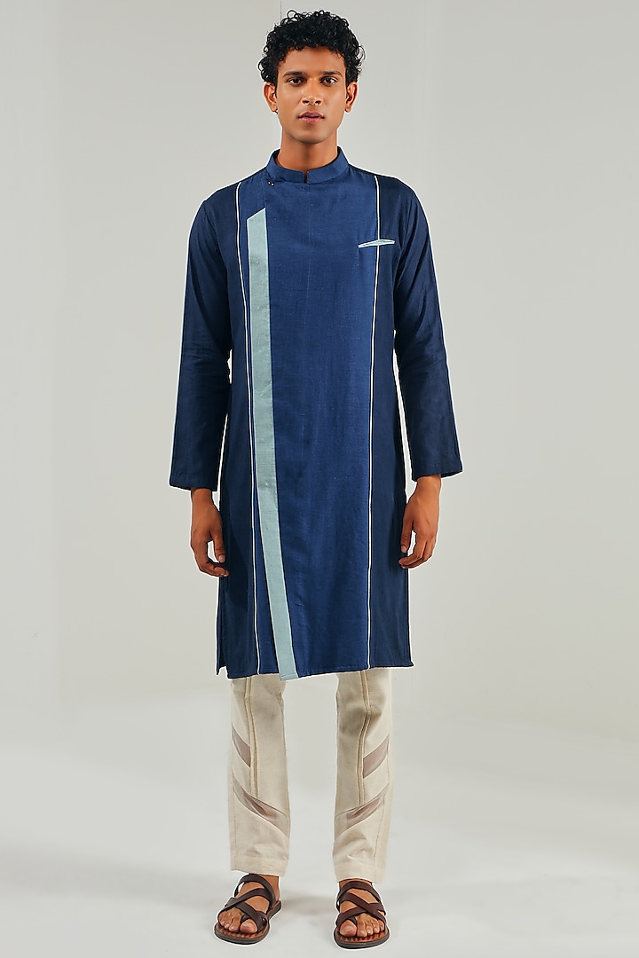 Midnight Blue Cotton Linen Asymmetrical Kurta by Shreyansh Designs