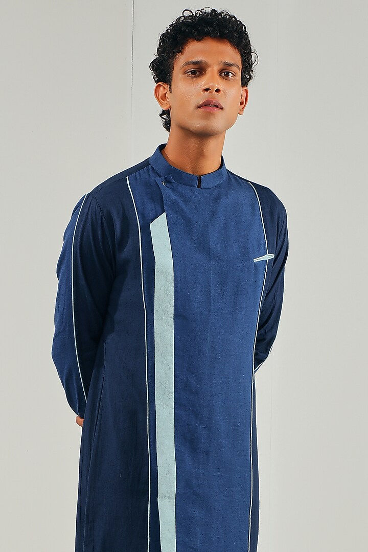 Midnight Blue Cotton Linen Kurta by Shreyansh Designs at Pernia's Pop Up Shop