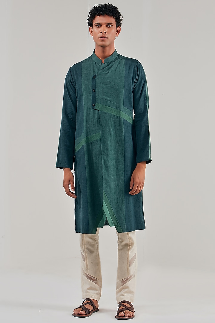 Midnight Green Cotton Linen Panelled Kurta by Shreyansh Designs