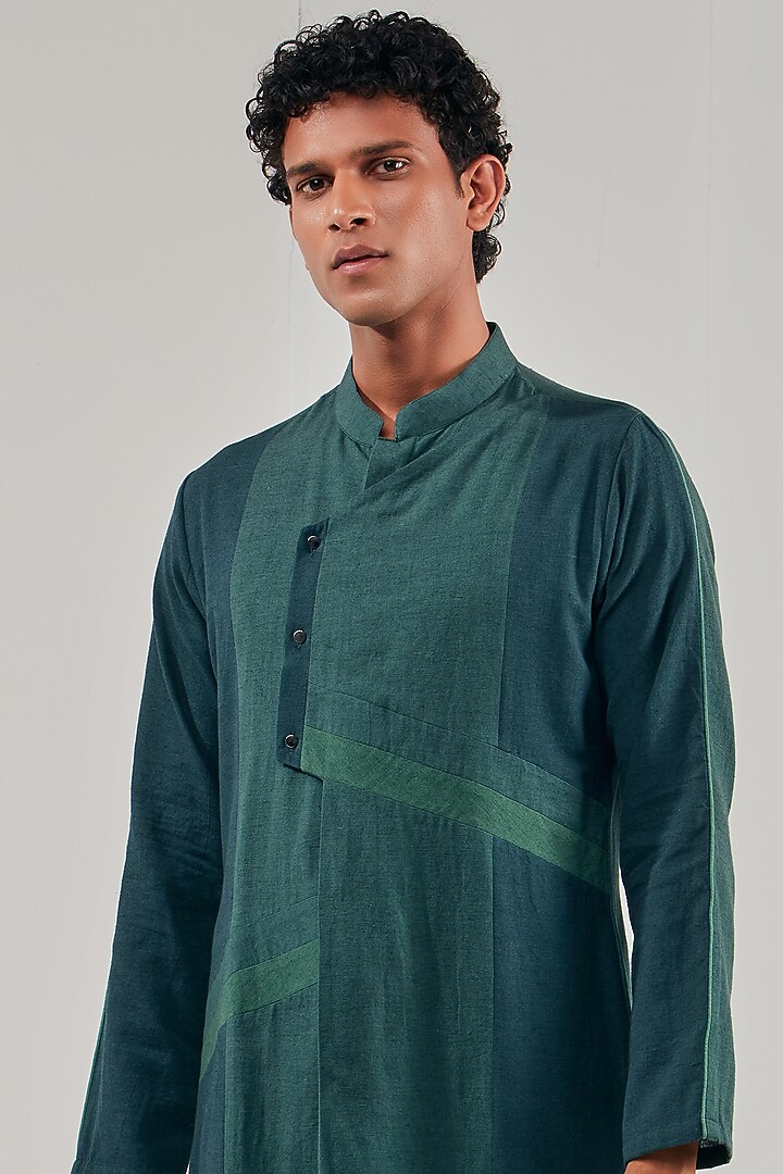 Midnight Green Cotton Linen Panelled Kurta by Shreyansh Designs at Pernia's Pop Up Shop