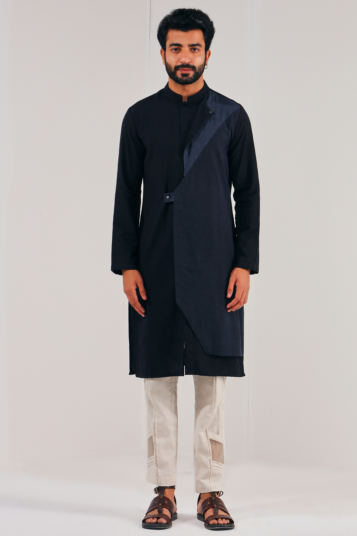 Black Cotton Linen Overlapped Kurta by Shreyansh Designs