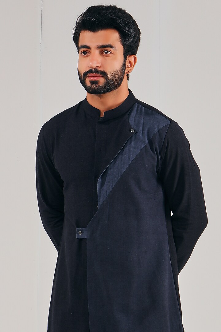 Black Cotton Linen Overlapped Kurta by Shreyansh Designs at Pernia's Pop Up Shop