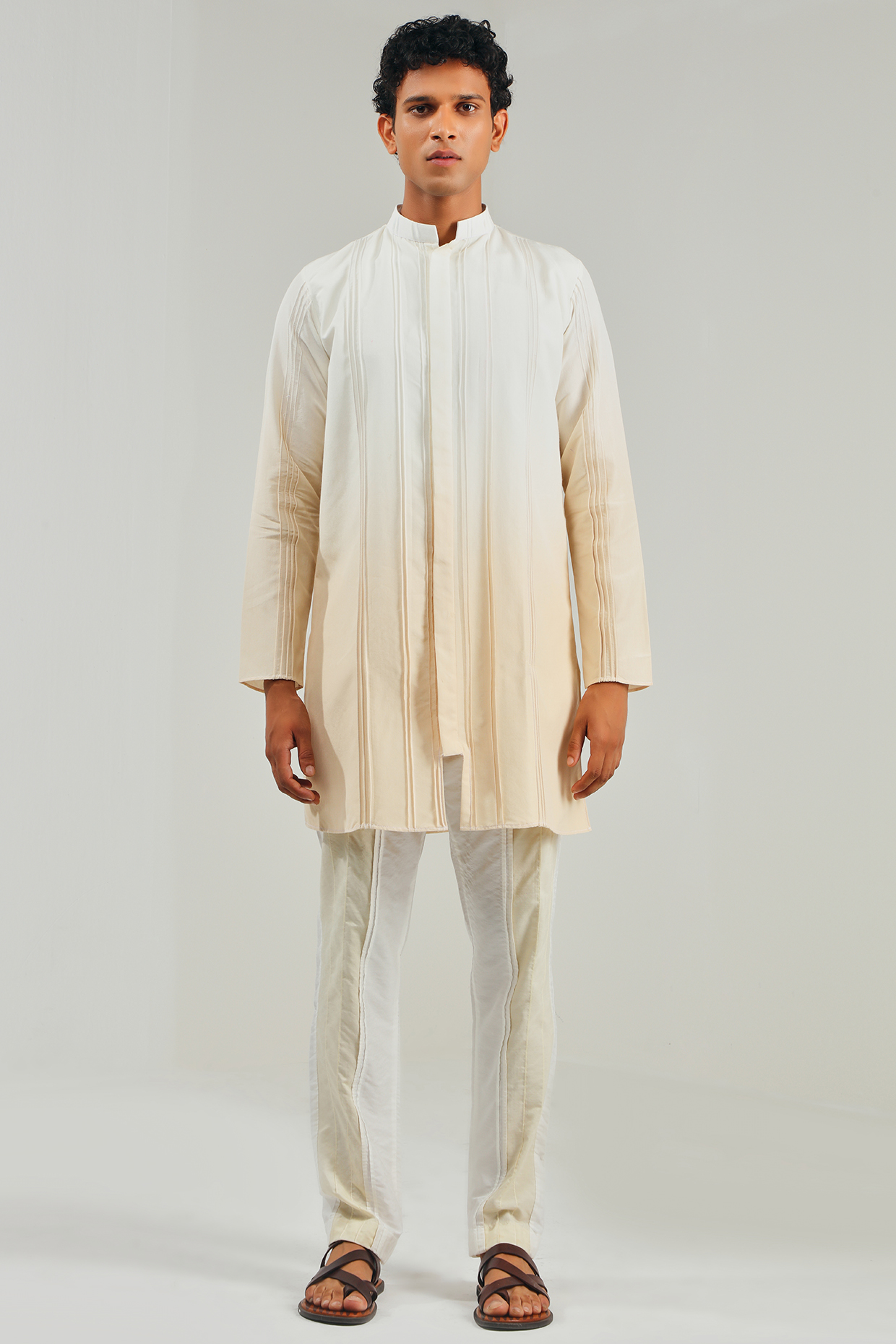 White & Off-White Ombre Cotton Silk Kurta by Shreyansh Designs