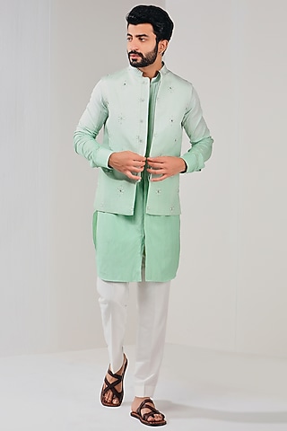 Cyan Ombre Dupion Silk Embroidered Bundi Jacket by Shreyansh Designs