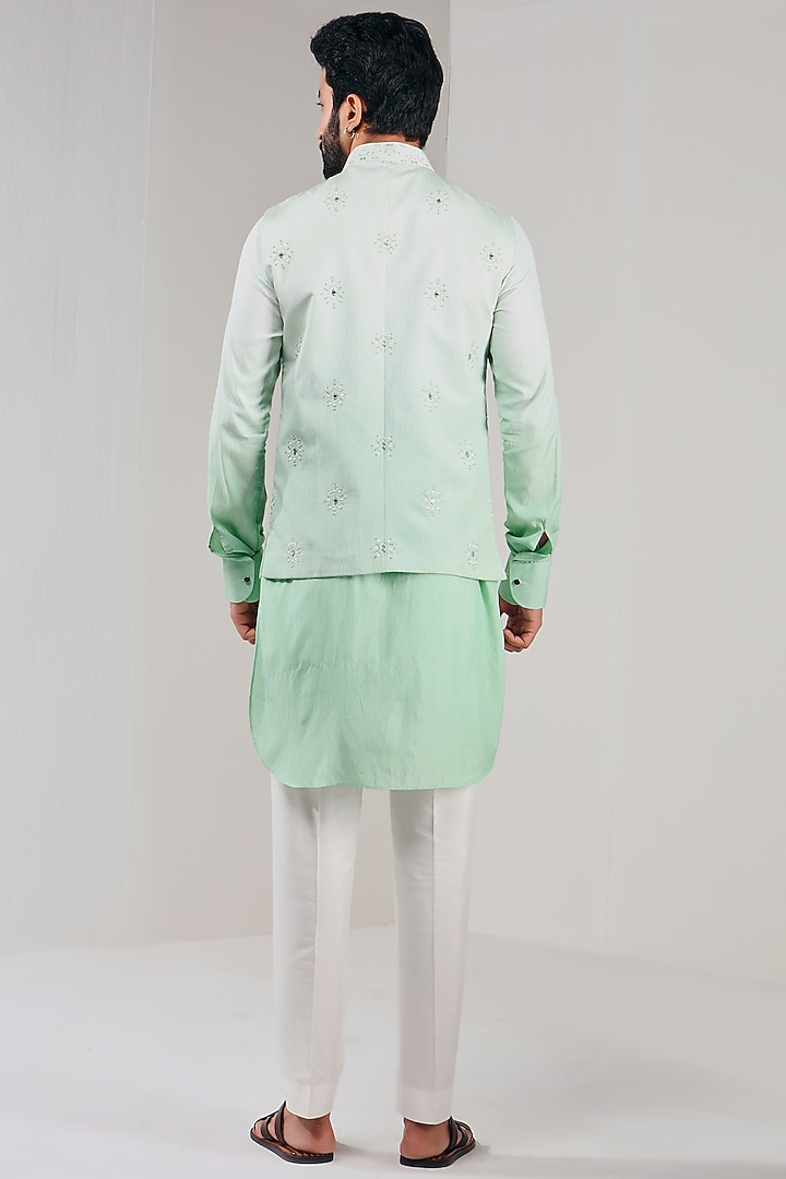 Cyan Ombre Dupion Silk Embroidered Bundi Jacket by Shreyansh Designs at Pernia's Pop Up Shop