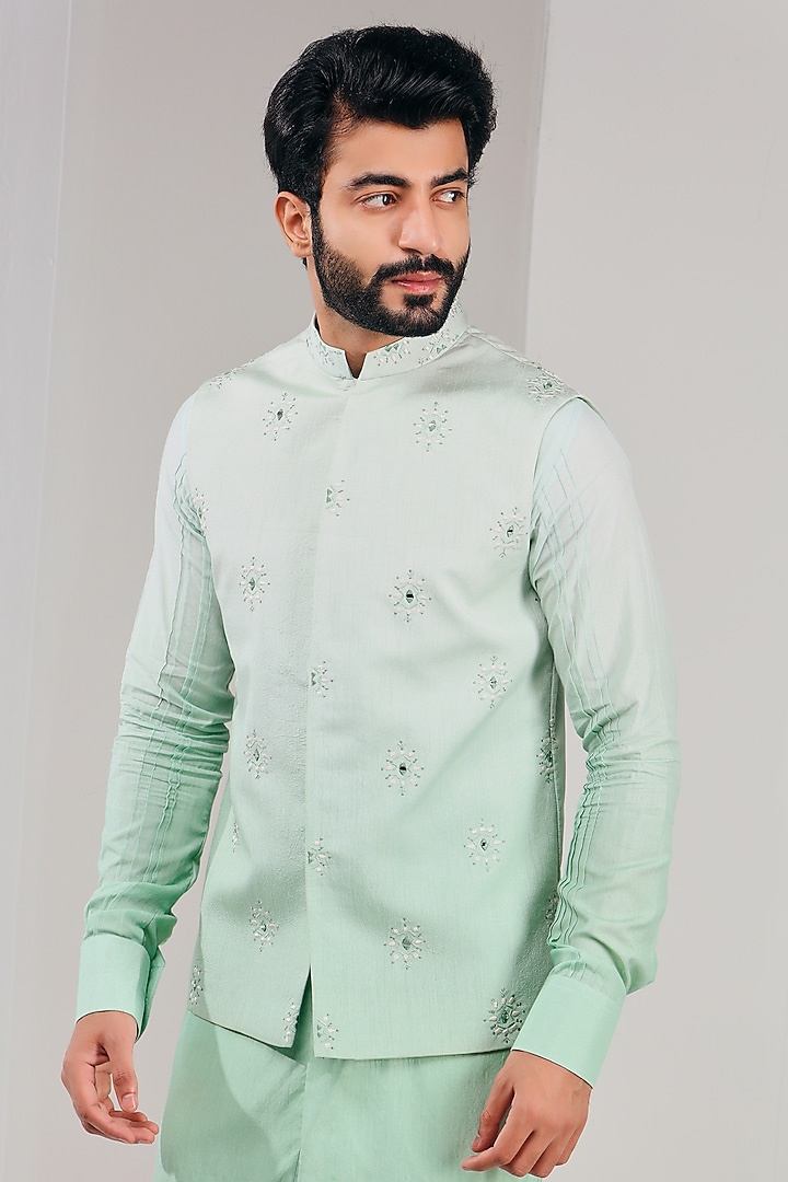Cyan Ombre Dupion Silk Embroidered Bundi Jacket by Shreyansh Designs at Pernia's Pop Up Shop