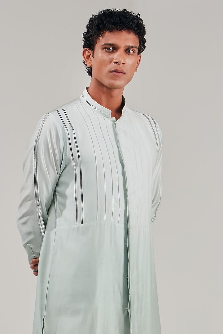 Cyan Shaded Cotton Silk Metallic Striped Ombre Kurta by Shreyansh Designs at Pernia's Pop Up Shop