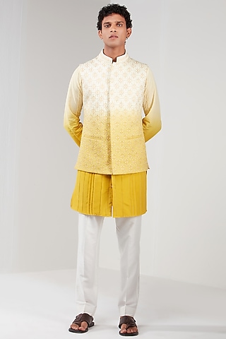 Yellow & White Ombre Dupion Silk Bundi Jacket by Shreyansh Designs