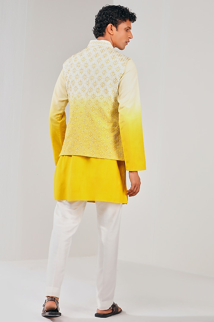 Yellow & White Ombre Dupion Silk Bundi Jacket by Shreyansh Designs at Pernia's Pop Up Shop