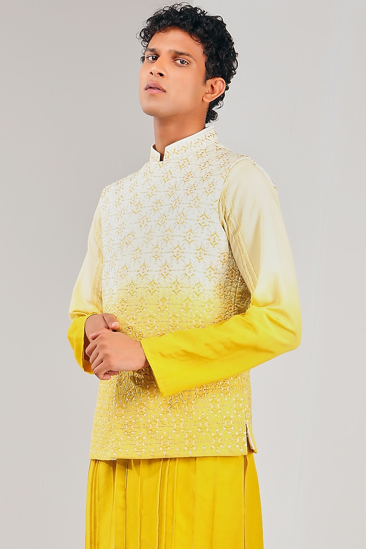 Yellow & White Ombre Dupion Silk Bundi Jacket by Shreyansh Designs at Pernia's Pop Up Shop