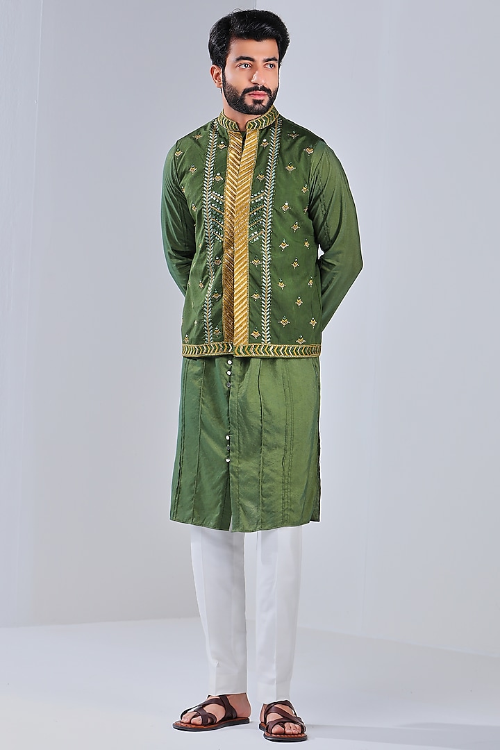 Henna Green Dupion Silk Bundi Jacket by Shreyansh Designs