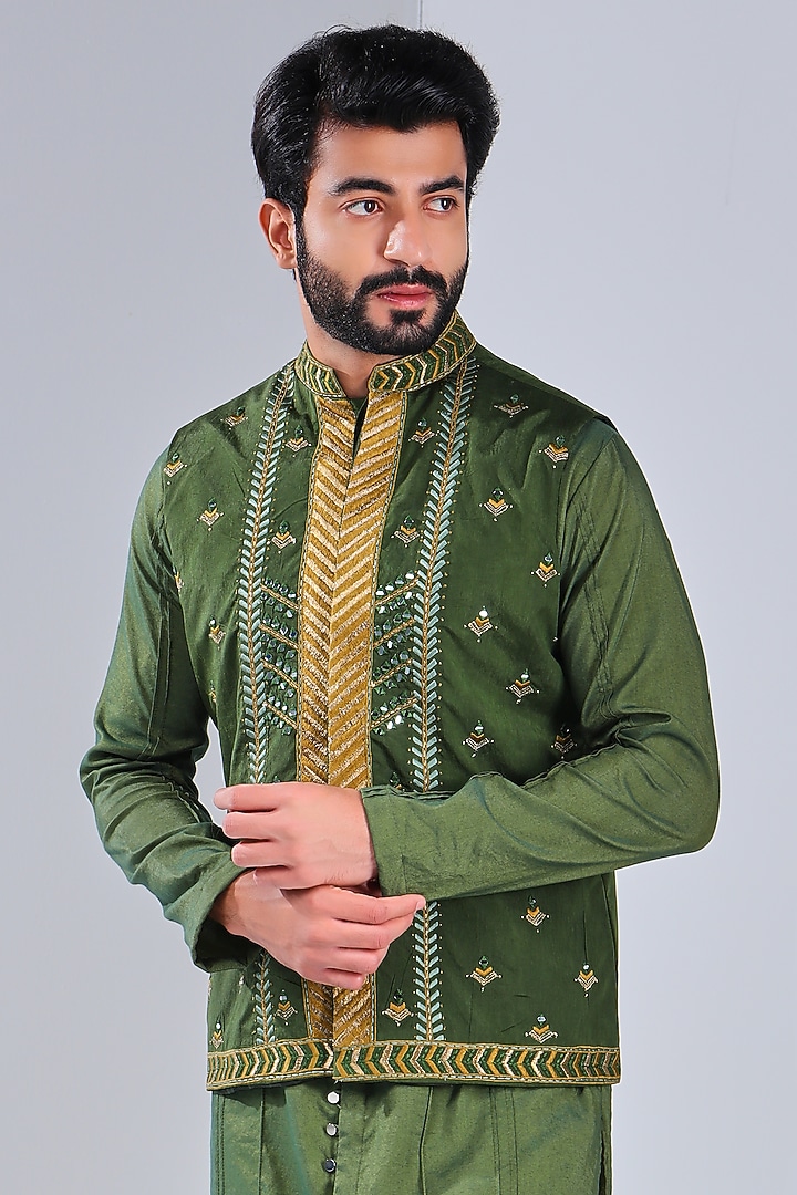 Henna Green Dupion Silk Bundi Jacket by Shreyansh Designs at Pernia's Pop Up Shop