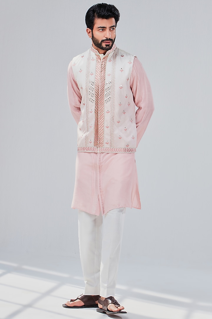 Pastel Pink Dupion Silk Bundi Jacket by Shreyansh Designs