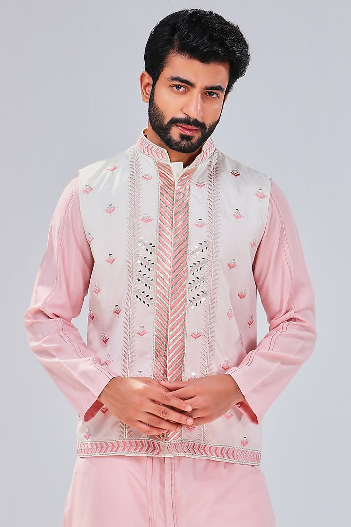 Pastel Pink Dupion Silk Bundi Jacket by Shreyansh Designs at Pernia's Pop Up Shop