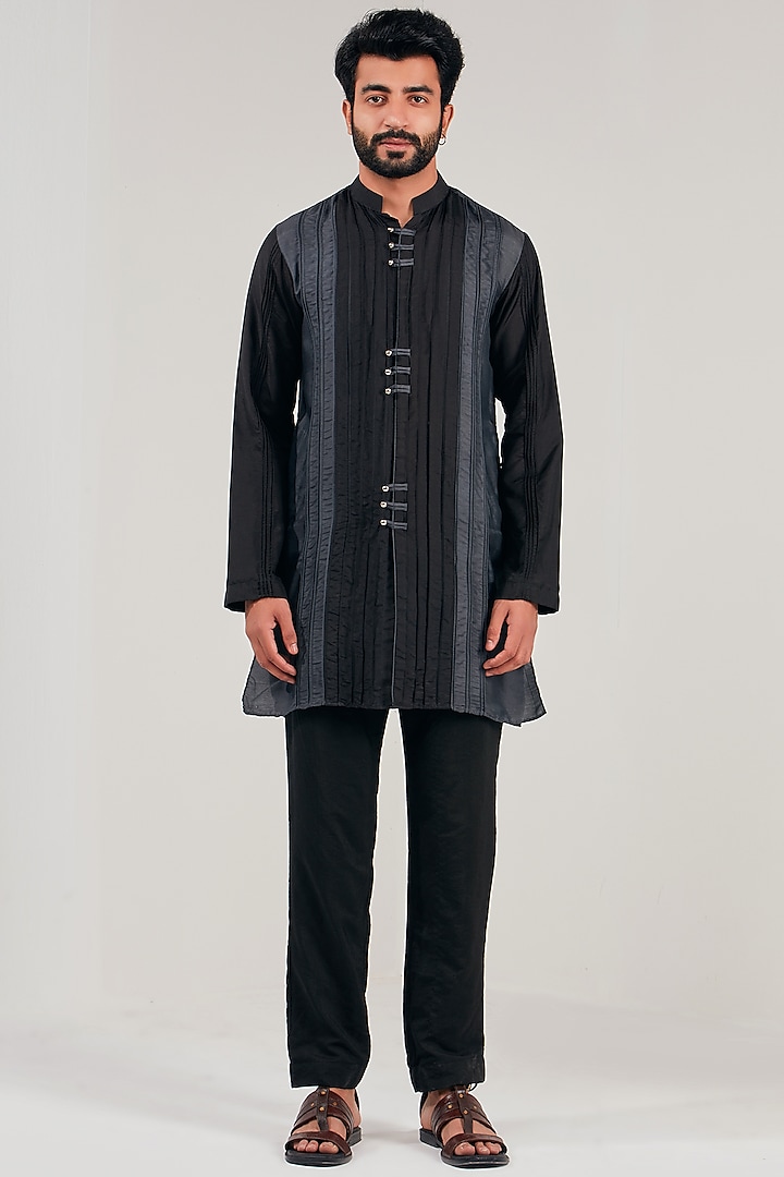 Midnight Black Cotton Silk Panelled Kurta by Shreyansh Designs