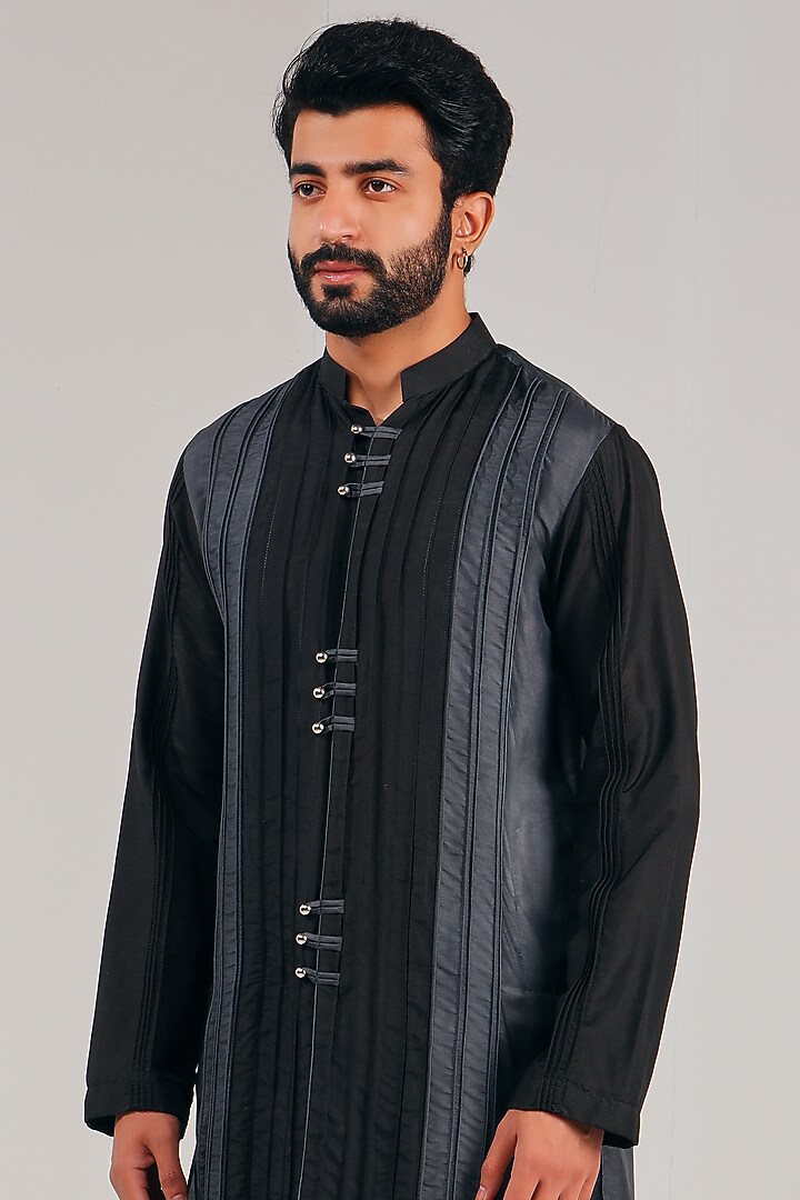 Midnight Black Cotton Silk Panelled Kurta by Shreyansh Designs at Pernia's Pop Up Shop