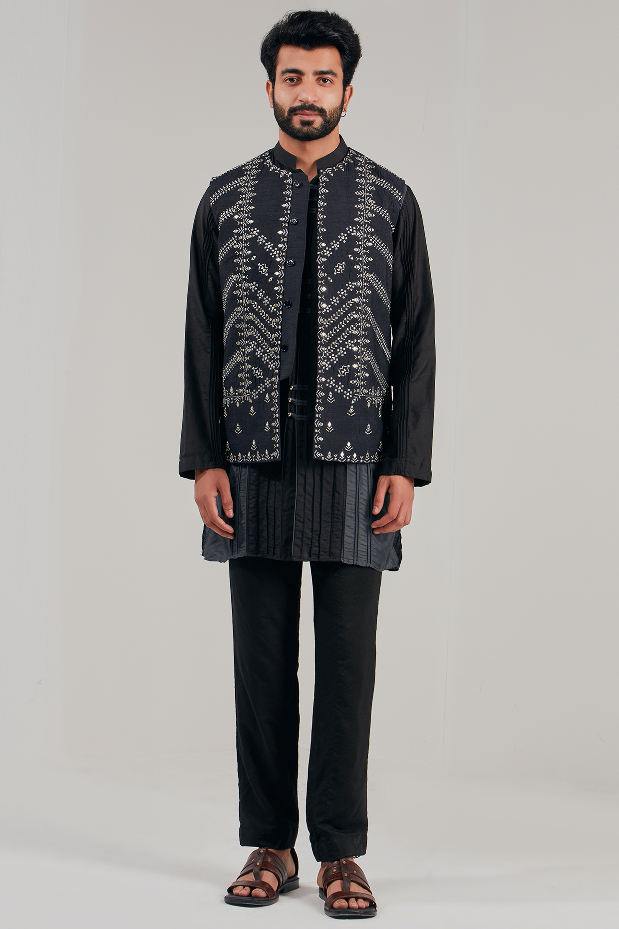 Midnight Black Dupion Silk Bundi Jacket by Shreyansh Designs