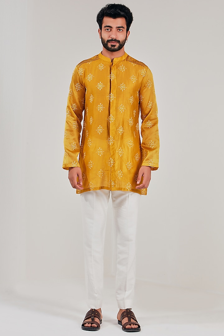Turmeric Yellow Cotton Silk Embroidered Kurta by Shreyansh Designs