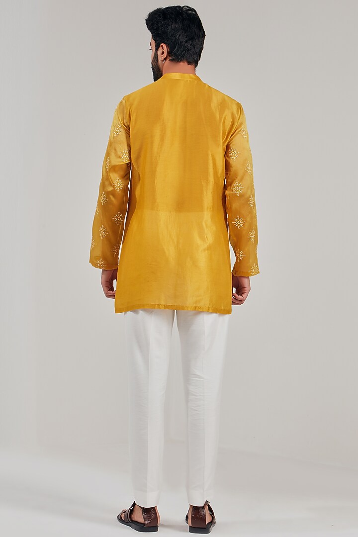 Turmeric Yellow Cotton Silk Embroidered Kurta by Shreyansh Designs at Pernia's Pop Up Shop