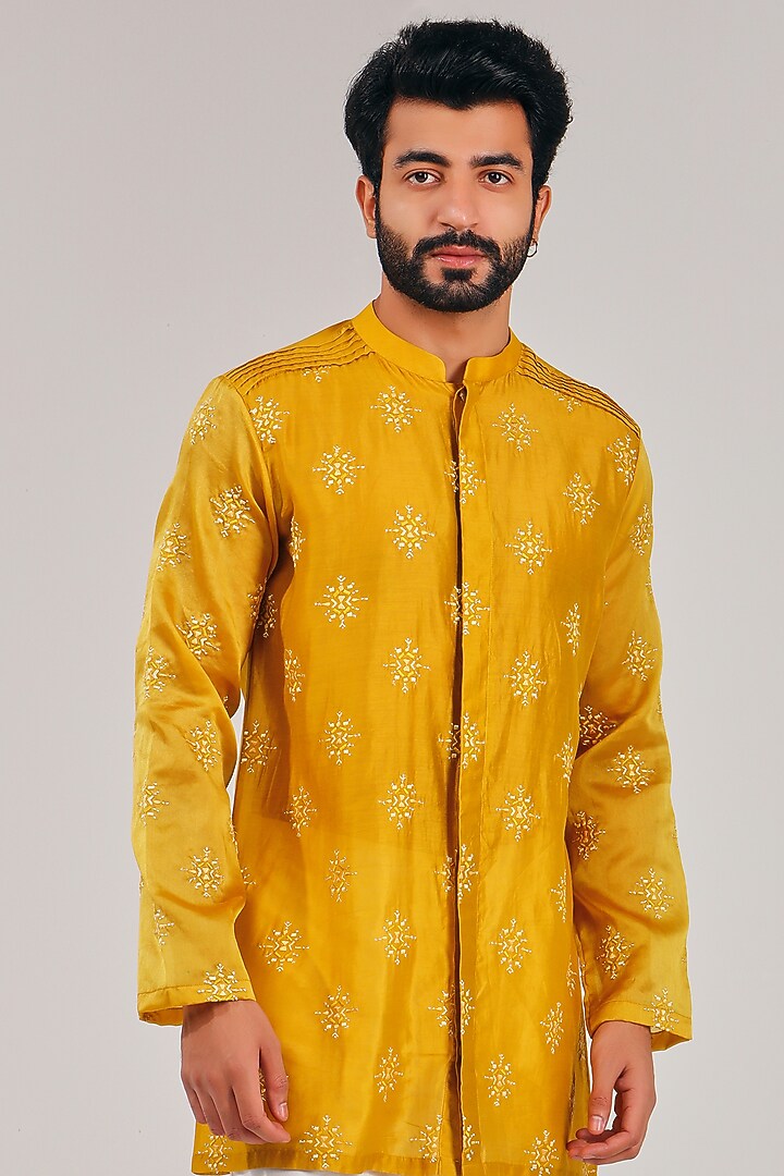 Turmeric Yellow Cotton Silk Embroidered Kurta by Shreyansh Designs at Pernia's Pop Up Shop