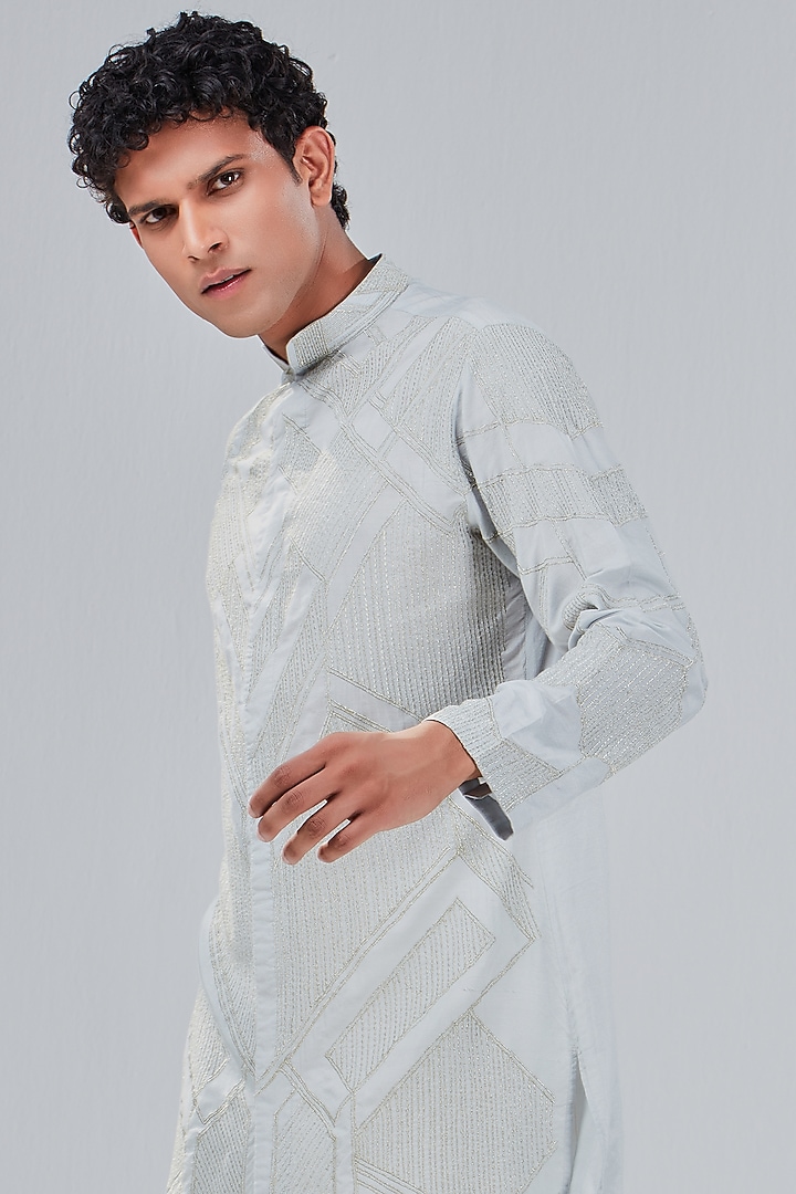 Powder Blue Cotton Silk Embroidered Kurta by Shreyansh Designs at Pernia's Pop Up Shop