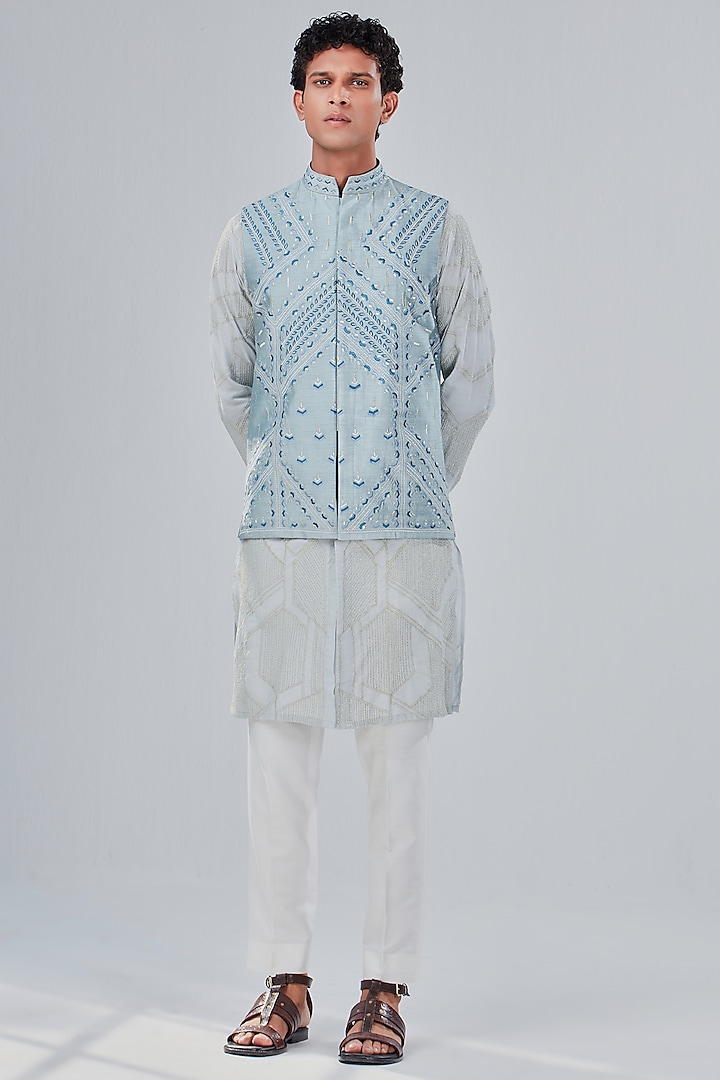 Powder Blue Dupion Silk Embroidered  Bundi Jacket by Shreyansh Designs