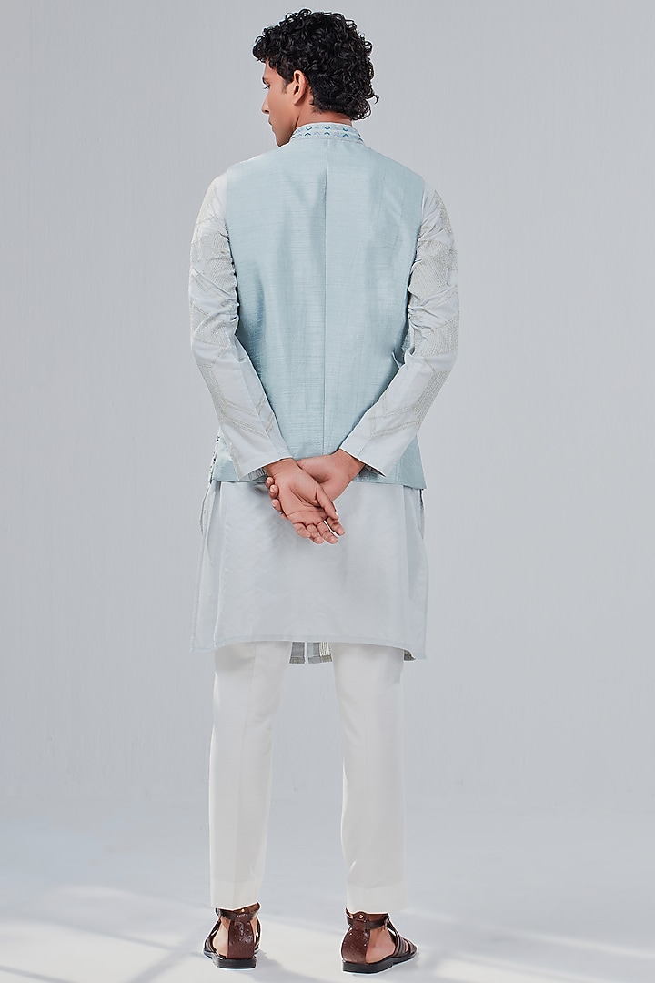 Powder Blue Dupion Silk Embroidered Bundi Jacket by Shreyansh Designs at Pernia's Pop Up Shop