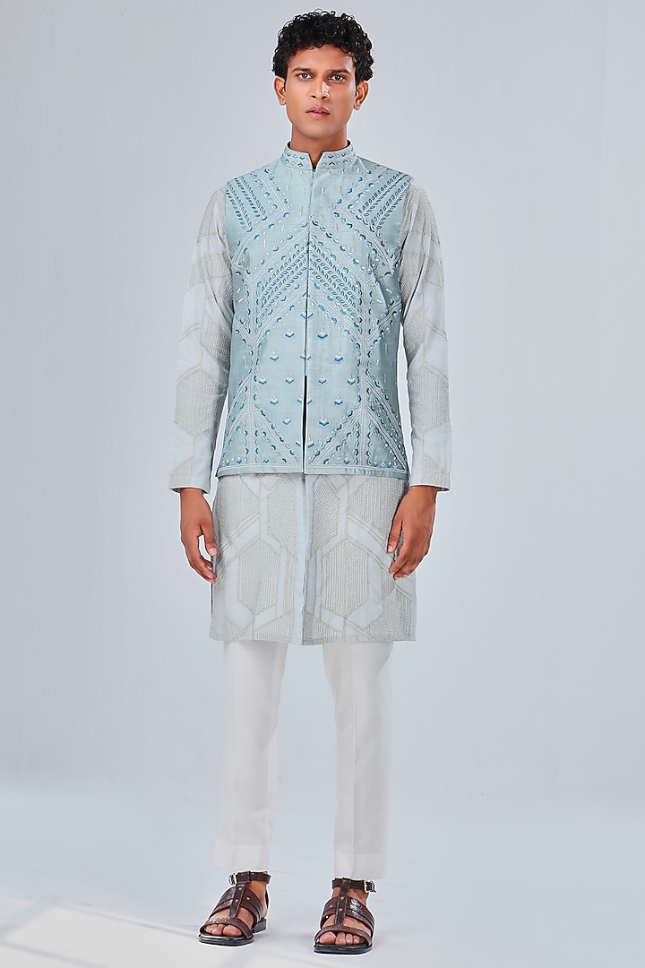 Powder Blue Dupion Silk Embroidered Bundi Jacket by Shreyansh Designs at Pernia's Pop Up Shop