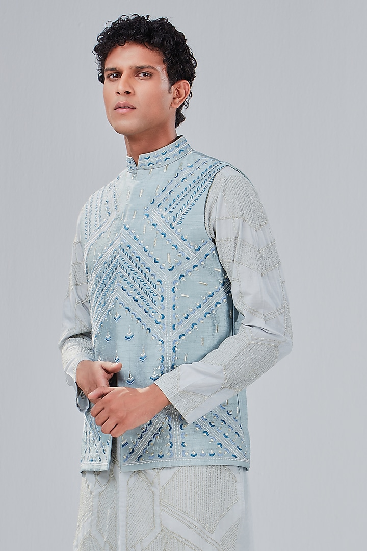 Powder Blue Dupion Silk Embroidered Bundi Jacket by Shreyansh Designs at Pernia's Pop Up Shop