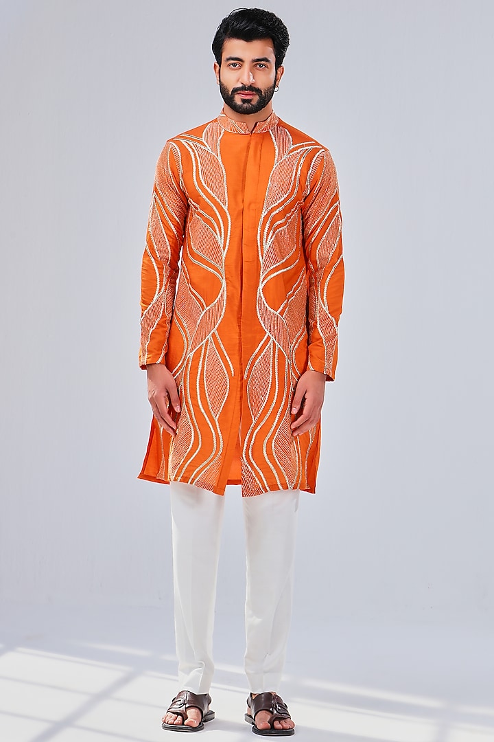 Sunrise Orange Cotton Silk Embroidered Kurta  by Shreyansh Designs