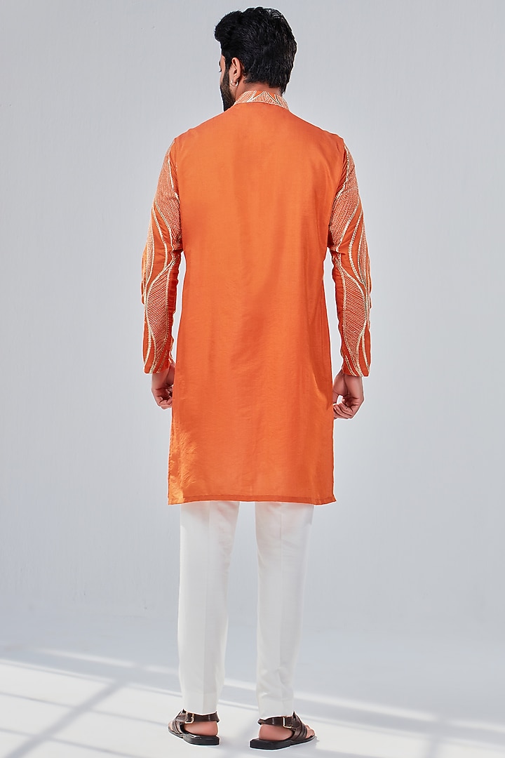 Sunrise Orange Cotton Silk Silver Embroidered Kurta by Shreyansh Designs at Pernia's Pop Up Shop