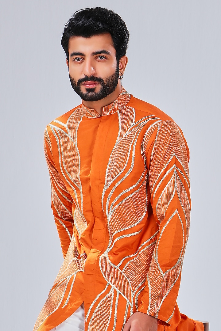 Sunrise Orange Cotton Silk Silver Embroidered Kurta by Shreyansh Designs at Pernia's Pop Up Shop