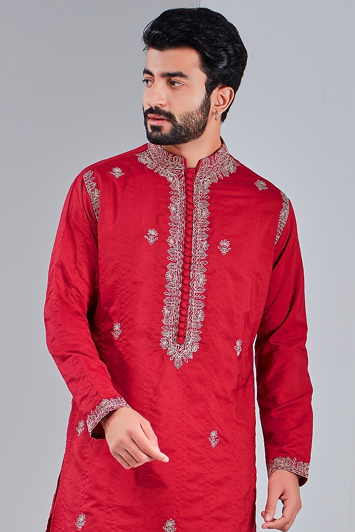Pompeian Red Cotton Silk Embroidered Kurta by Shreyansh Designs at Pernia's Pop Up Shop