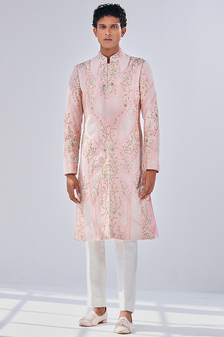 Powder Pink Dupion Silk Embroidered Sherwani by Shreyansh Designs