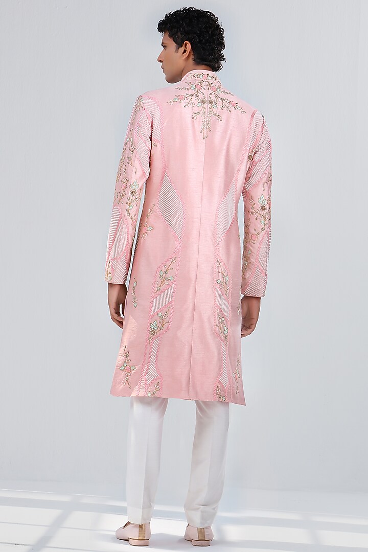 Powder Pink Dupion Silk Pearl & Beads Embroidered Groom Sherwani by Shreyansh Designs at Pernia's Pop Up Shop