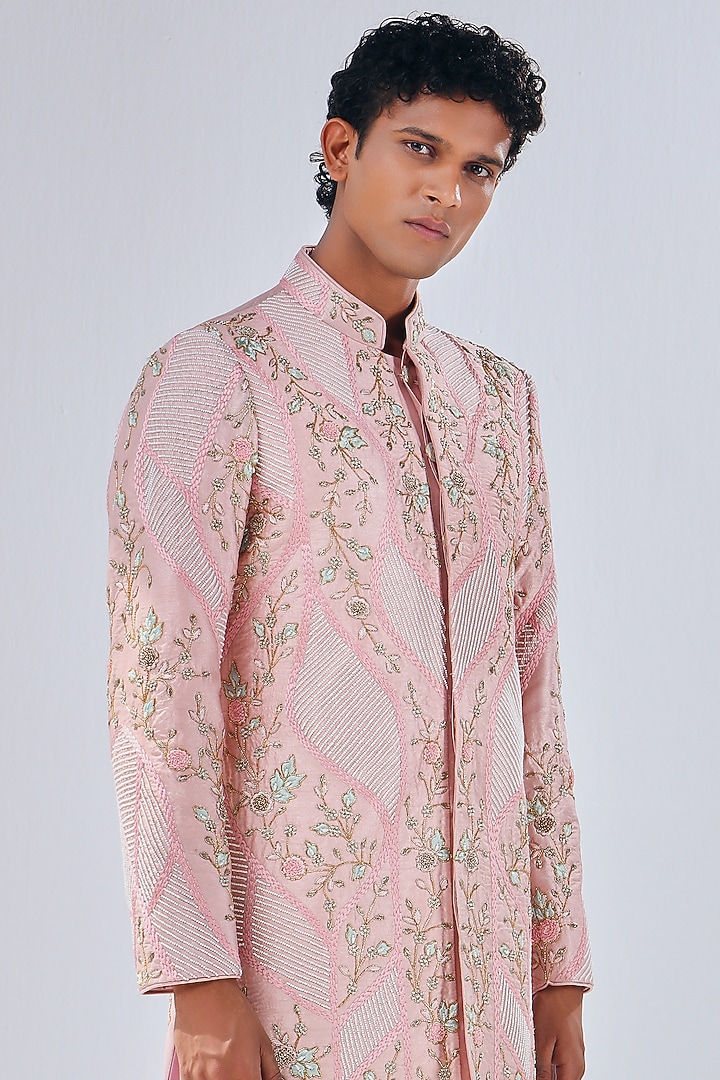 Powder Pink Dupion Silk Pearl & Beads Embroidered Groom Sherwani by Shreyansh Designs at Pernia's Pop Up Shop