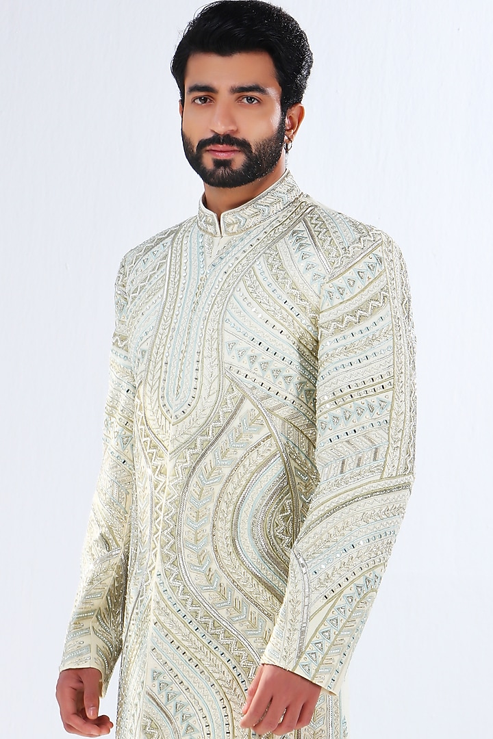 Ivory Dupion Silk Embroidered Groom Sherwani by Shreyansh Designs at Pernia's Pop Up Shop