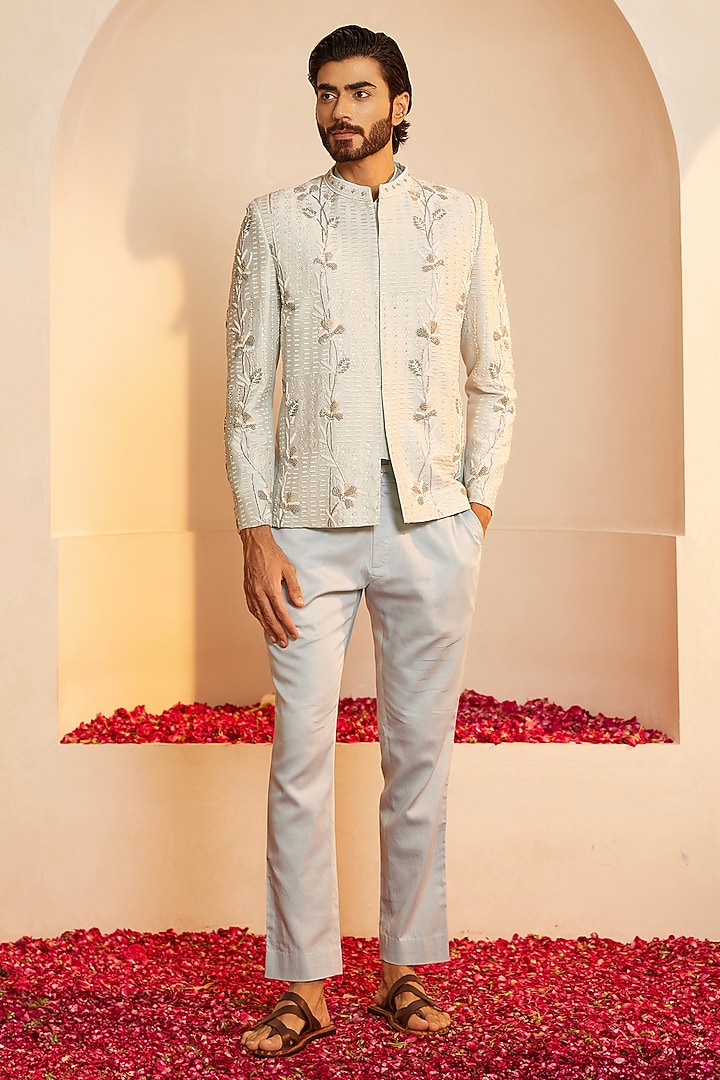 Powder Blue Dupion Silk Sequins Embroidered Wedding Bandhgala Set by Shreyansh Designs at Pernia's Pop Up Shop
