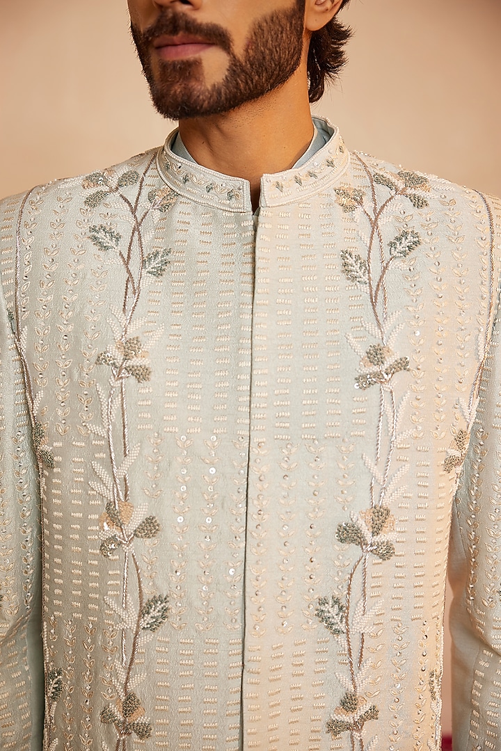 Powder Blue Dupion Silk Sequins Embroidered Wedding Bandhgala Set by Shreyansh Designs at Pernia's Pop Up Shop