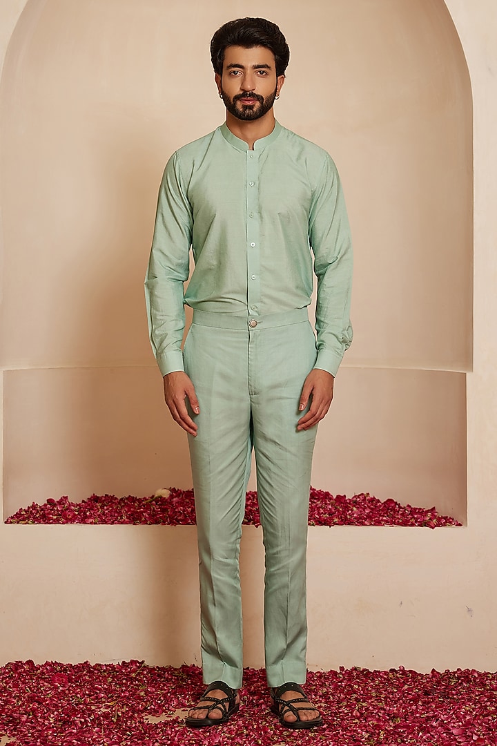 Cyan Blue Cotton Silk Short Kurta Set by Shreyansh Designs at Pernia's Pop Up Shop