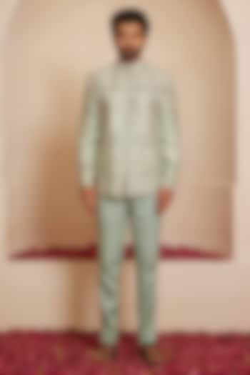 Powder Blue Dupion Silk Thread Embroidered Wedding Bandhgala Set by Shreyansh Designs at Pernia's Pop Up Shop