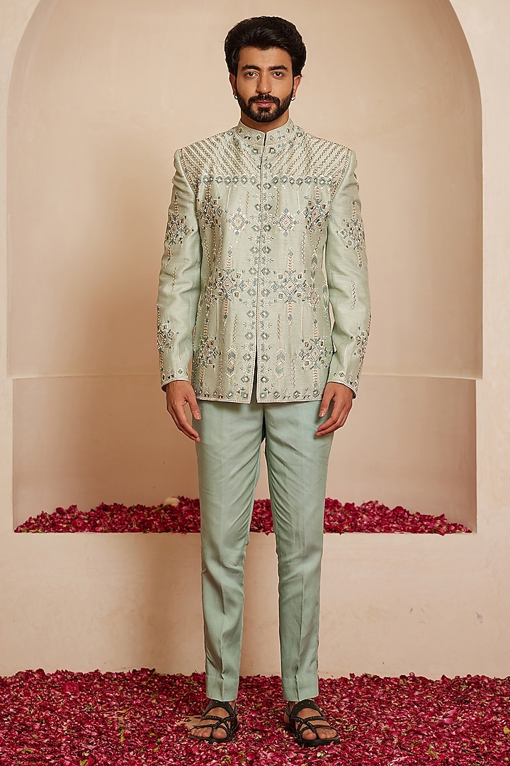 Powder Blue Dupion Silk Thread Embroidered Wedding Bandhgala Set by Shreyansh Designs at Pernia's Pop Up Shop