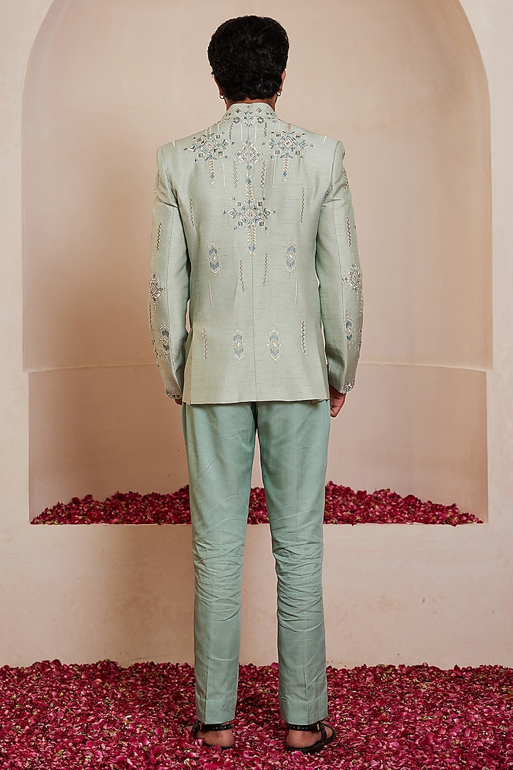 Powder Blue Dupion Silk Thread Embroidered Wedding Bandhgala Set by Shreyansh Designs at Pernia's Pop Up Shop