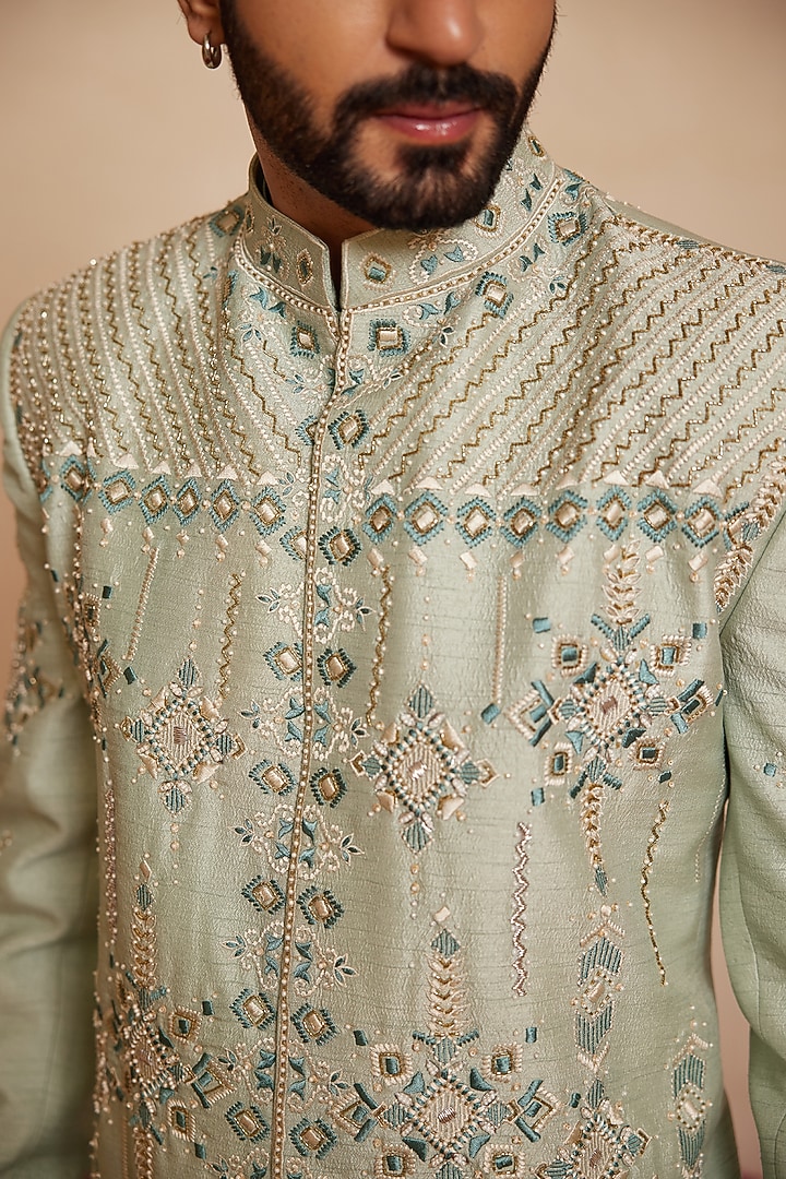 Powder Blue Dupion Silk Thread Embroidered Wedding Bandhgala Set by Shreyansh Designs at Pernia's Pop Up Shop